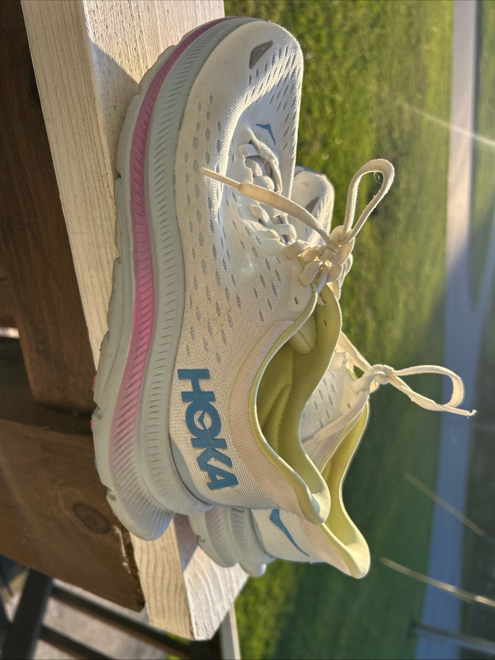 Hoka One One Women's White Running Shoes with Pastel Blue, Pink & Yellow Accents - Picture 11 of 11